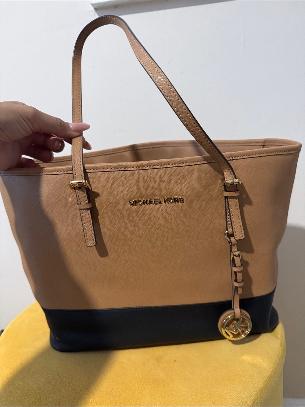 Michael Kors Tan and Black Saffiano Leather Tote with MK Charm